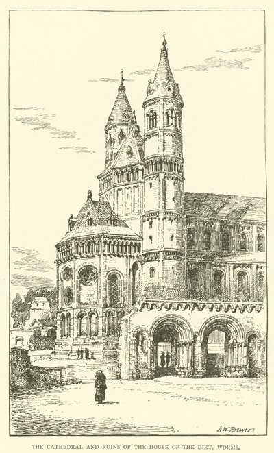 De kathedraal en ruïnes van het Huis van de Rijksdag, Worms (gravure) door Henry William Brewer