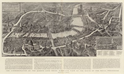 De herdenking van de lange regeerperiode van de koningin, vogelvlucht van de route van de koninklijke processie door Henry William Brewer