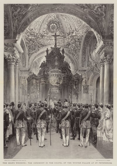 Het Huwelijk van de Tsaar, de Ceremonie in de Kapel van het Winterpaleis in Sint-Petersburg door Henry William Brewer