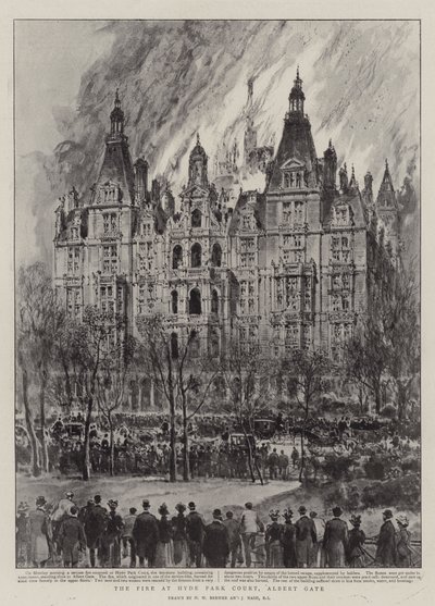 De brand bij Hyde Park Court, Albert Gate door Henry William Brewer