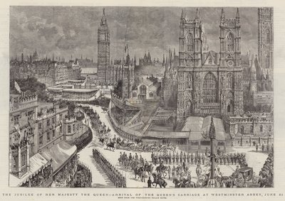 Het jubileum van Hare Majesteit de Koningin, aankomst van de koets van de koningin bij Westminster Abbey, 21 juni door Henry William Brewer