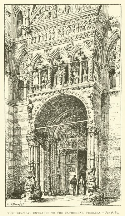 De Hoofdingang van de Kathedraal, Ferrara (gravure) door Henry William Brewer