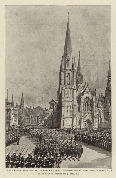 De Processie langs de kerk van dominee Newman Hall (Christ Church) in Westminster Bridge Road door Henry William Brewer