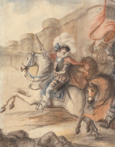 Een cavalerieofficier (Hendrik IV) leidt een charge buiten een kasteel door Henry William Bunbury