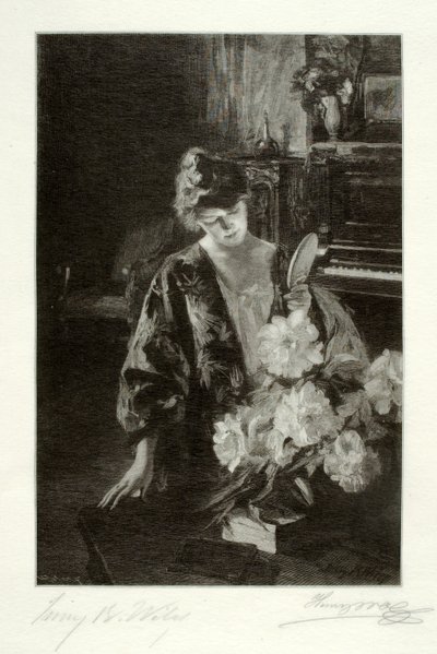 Meisje en pioenen (de handspiegel) door Henry Wolf