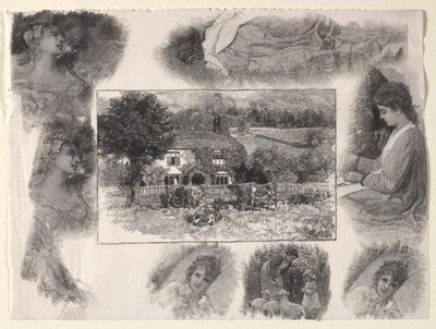Landschap met huisje en koeien omringd door diverse schetsen door Henry Wolf