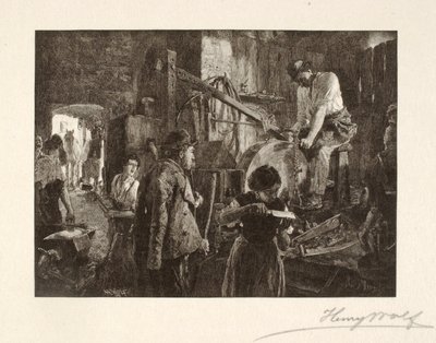 Gereedschap slijpen in een dorpssmederij door Henry Wolf