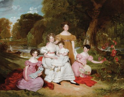 Groepsportret van de familie Ward Hunt in een landschap voor een rivier door Henry Wyatt
