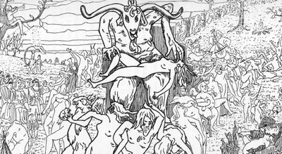 Voorstelling van een sabbatbijeenkomst door heksen voorgezeten door satan Tekening door Henry de Malvost uit 