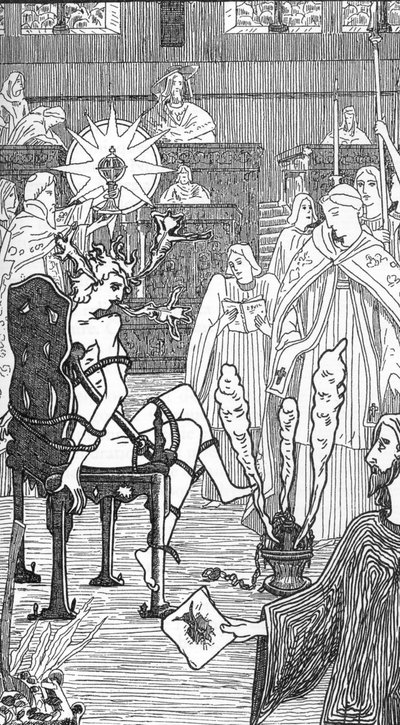 Weergave van een exorcisme ceremonie, tekening door Henry de Malvost uit 