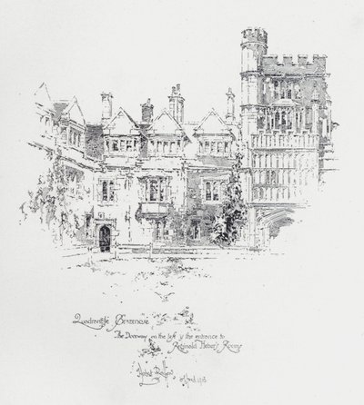 Brasenose College, Oxford, met de ingang naar de kamers van de Engelse geestelijke en schrijver Reginald Heber door Herbert (after) Railton