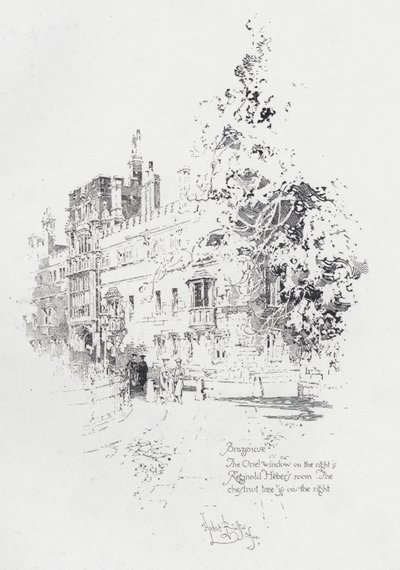 Brasenose College, Oxford, met de kamer van de Engelse geestelijke en schrijver Reginald Heber door Herbert (after) Railton