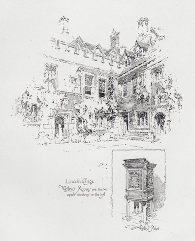 Preekstoel gebruikt door Engelse Methodistische prediker John Wesley en zijn kamers in Lincoln College, Oxford (litho) door Herbert (after) Railton