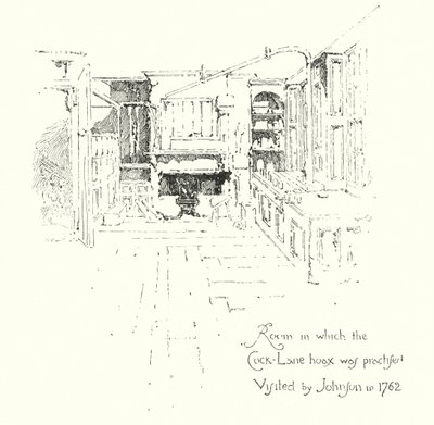 Kamer waarin de Cock-Lane Ghost hoax werd uitgevoerd, bezocht door Dr John in 1762 door Herbert (after) Railton
