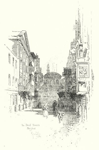 De Devil Tavern, Fleet Street, in de tijd van Dr. Johnson door Herbert (after) Railton