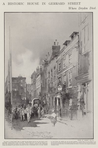 Het huis aan Gerrard Street, Londen, waar de dichter John Dryden stierf in 1700 door Herbert (after) Railton