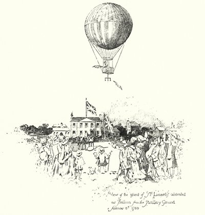 Uitzicht op de opstijging van de beroemde luchtballon van Mr. Lunardi, vanaf het Artillery Ground door Herbert (after) Railton
