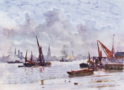 Battersea Reach (kleur litho) door Herbert Menzies (after) Marshall