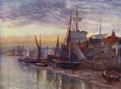 Old Essex Wharf (kleur litho) door Herbert Menzies (after) Marshall
