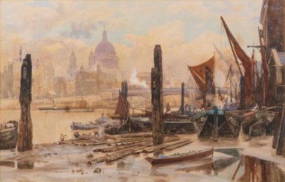Aangemeerde Thames-schepen; St Pauls en Blackfriars Bridge in de verte door Herbert Menzies Marshall