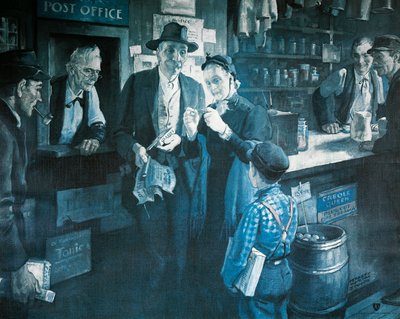 De brillenverkoper in de late 1800s, reclame voor de American Optical Company door Herbert Morton Stoops