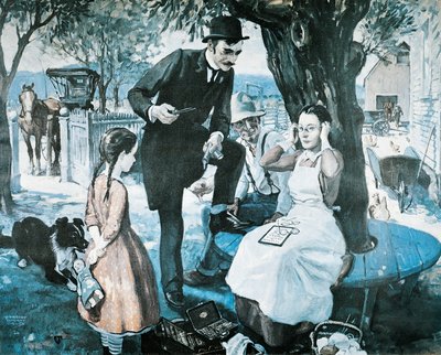 De brillenverkoper in de late 1800s, reclame voor de American Optical Company door Herbert Morton Stoops