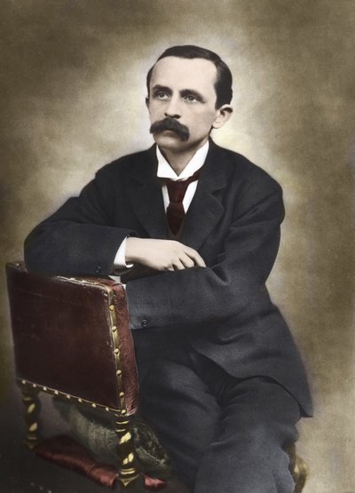 Portret van J.M.Barrie gefotografeerd door Barraud in 1893 - James Matthew Barrie (1860-1937), Schotse schrijver, bedenker van Peter Pan - Gekleurde foto door Herbert Rose Barraud