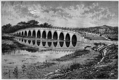 Brug met 17 bogen op het Kunmingmeer bij het Ete-paleis nabij Peking in de 19e eeuw. Gravure naar een tekening van Catenacci, naar een foto van Thomson, in "Le Tour du Monde, Nouveau journal des Voyages", uitgegeven door Edouard Charton, Parijs door Hercule (after) Catenacci