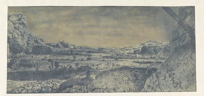 Bergvallei met omheinde velden door Hercules Segers