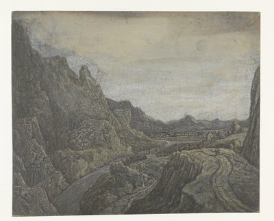 Rotsachtig landschap met een weg en een rivier door Hercules Segers