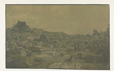 Vallei met een rivier en een stad met vier torens door Hercules Segers