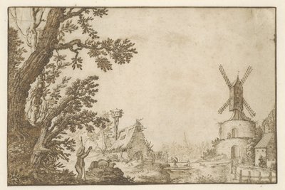 Landschap met een molen op een bolwerk door Herman Breckerveld