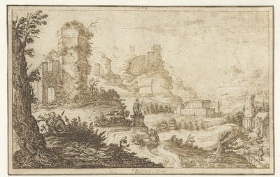 Landschap met ruïnes en een standbeeld door Herman Breckerveld