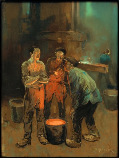 Arbeiders in gesprek bij het afsteken door Herman Heijenbrock