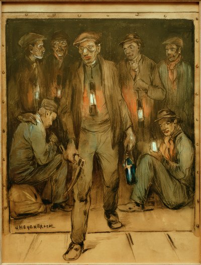 Mijnwerkers bij de ingang door Herman Heijenbrock