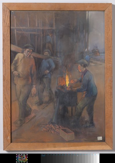 Het gloeien van klinknagels op een scheepswerf door Herman Heijenbrock