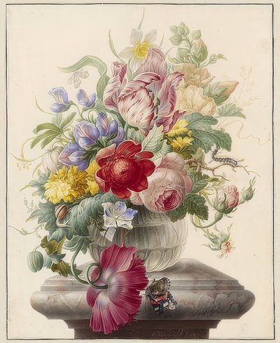 Bloemen in een glazen vaas en een vlinder door Herman Henstenburgh