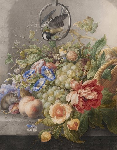 Bloemenstilleven, vruchten, een koolmees en een muis. Circa 1700-10 door Herman Henstenburgh