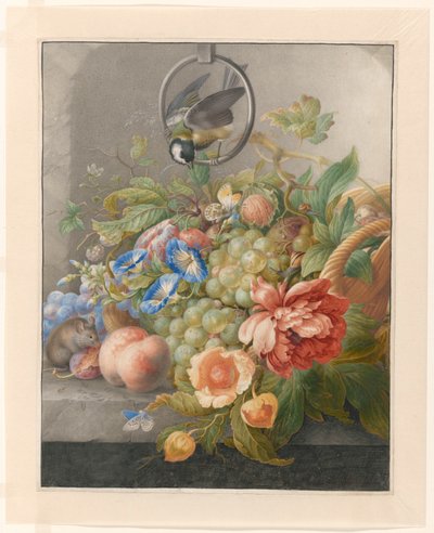 Stilleven met bloemen, vruchten, een koolmees en een muis door Herman Henstenburgh