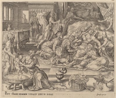 Geboorte van Peres en Zerah door Herman Jansz Muller after Maerten van Heemskerck
