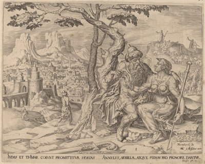 Juda geeft Tamar de belofte door Herman Jansz Muller after Maerten van Heemskerck