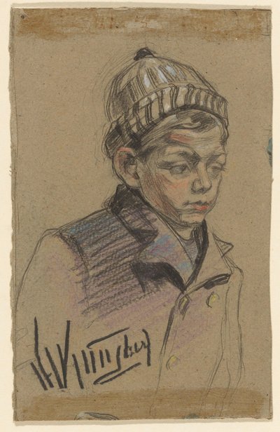 Jongen met jas en muts door Herman Kruyder (signed by artist)