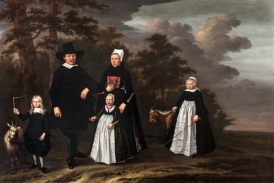 Een Enkhuizer familiegroep met twee geiten in een bosrijk landschap door Herman Mijnerts Doncker
