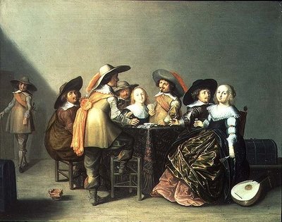 Interieur met dames en heren die kaarten spelen door Herman Mijnerts Doncker