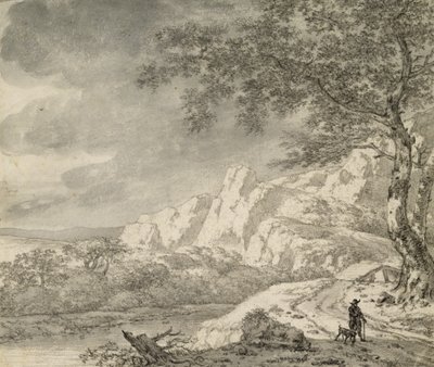 Bergachtig landschap met een wandelaar door Herman Nauwincz