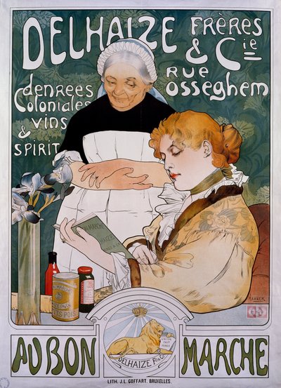 Dame en dienstmeid, poster voor bedrijf Delhaize Freres et Cie au bon marche door Herman Richir