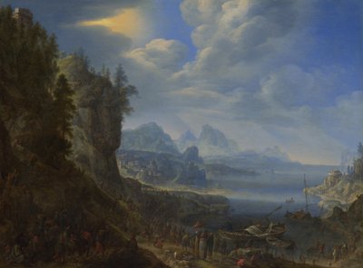 Christus onderwijst vanuit de boot van Sint Petrus op het Meer van Gennesaret door Herman Saftleven