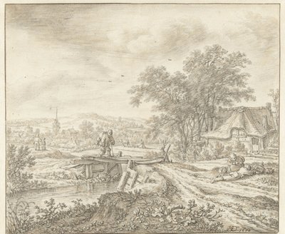 Heuvellandschap met een boerderij bij een bruggetje door Herman Saftleven