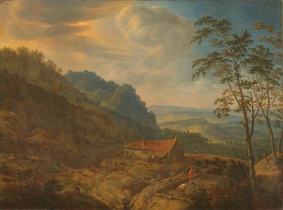 Bergachtig landschap met boerderij door Herman Saftleven
