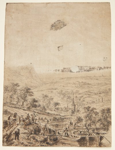 Panoramisch Landschap met Boeren, Vissers en een Dorpskerk door Herman Saftleven